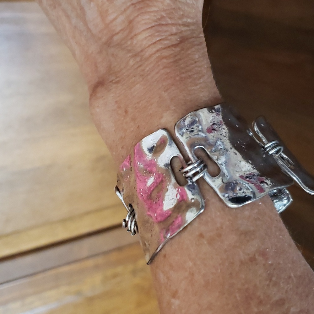 Silver Tone Hammered Square Link Chunky Bracelet